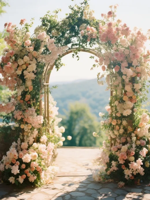 Arche de roses dressée pour une cérémonie de mariage en Provence